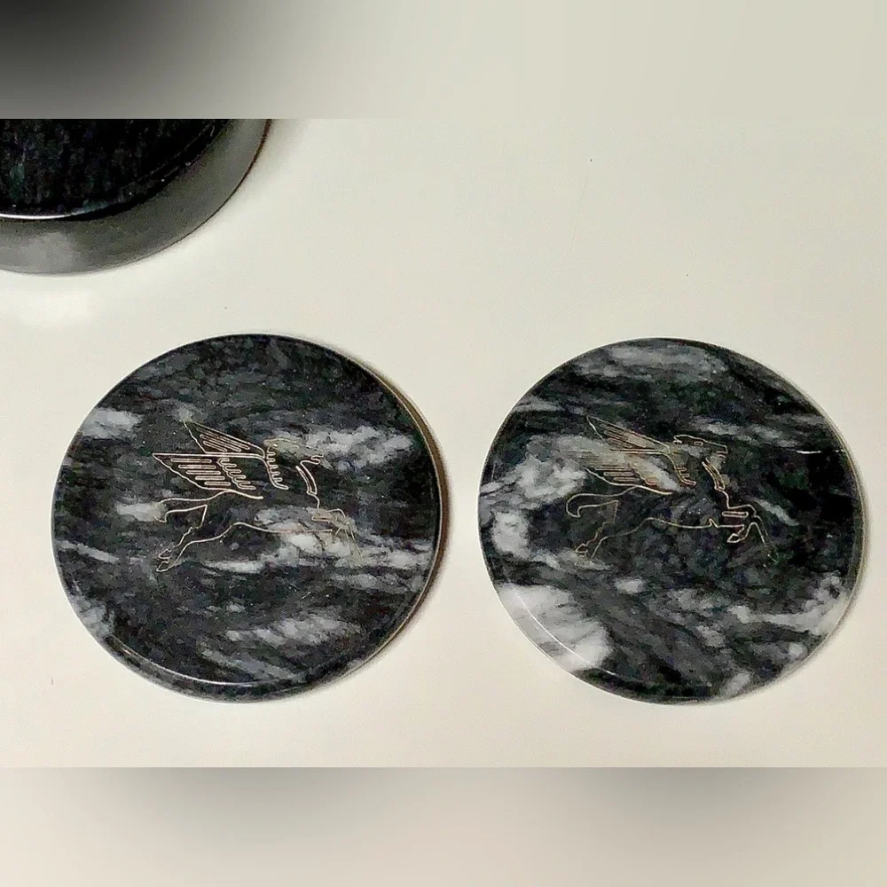Vintage Executive Set of 2 Black Marble MOBIL Pegasus Logo Drink Coasters